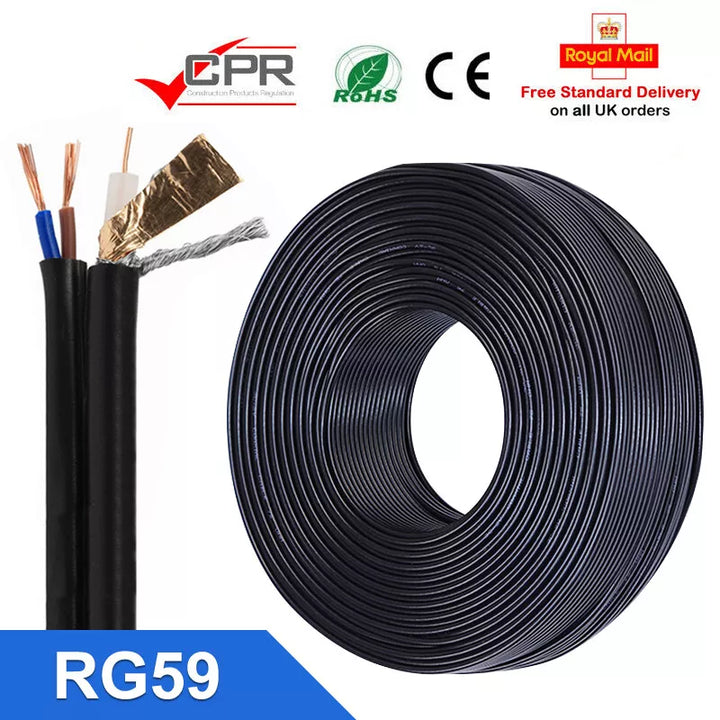 RG59 Coaxial Shotgun Cable CCTV Camera DVR Coax Video + Power - 1M-50M