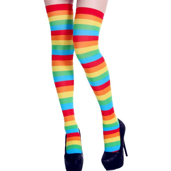 Women Rainbow Stockings Stripe Colourful Cotton Long Over The Knee Socks Tights UK